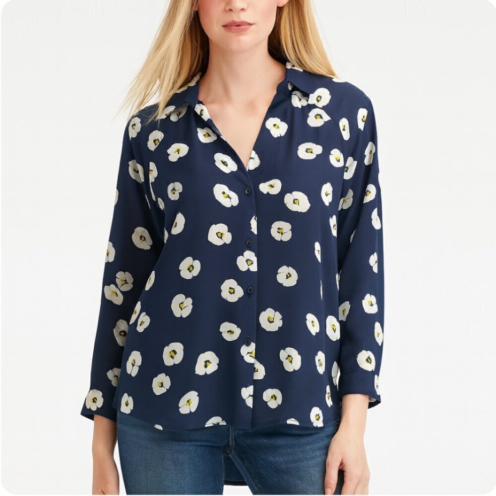 CAbi “Go To” Blouse #5705 Navy Blue White Daisy Floral Print size small top